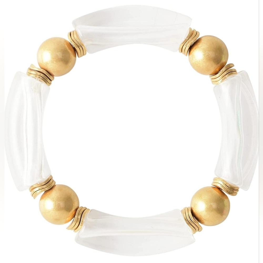 Gold Plated Beaded Acrylic Bamboo Tube Bangle Bracelet